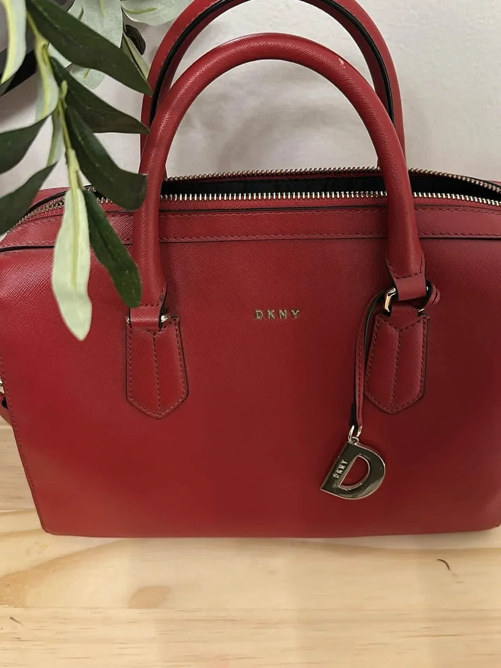 Inspired DKNY Red Pebbled Leather Dome Satchel with Charm Accent